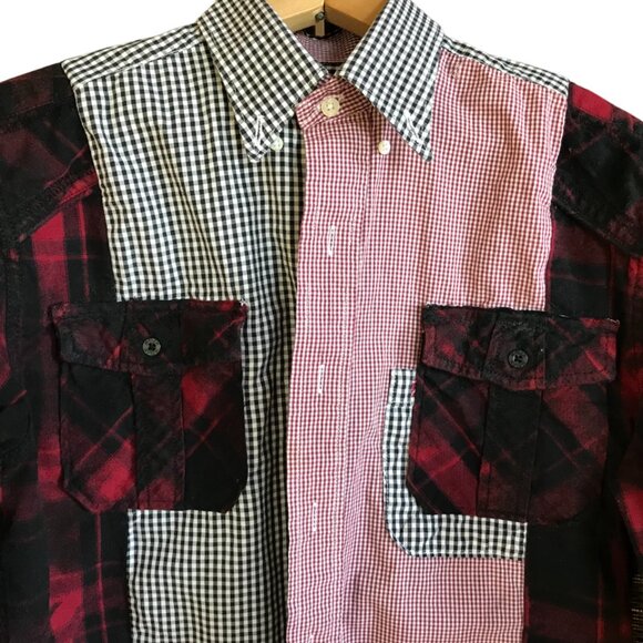 Upcycled Mixed Print Oversized Shirt, S to M: Red Black Gingham, Plaid Flannel - Picture 4 of 11